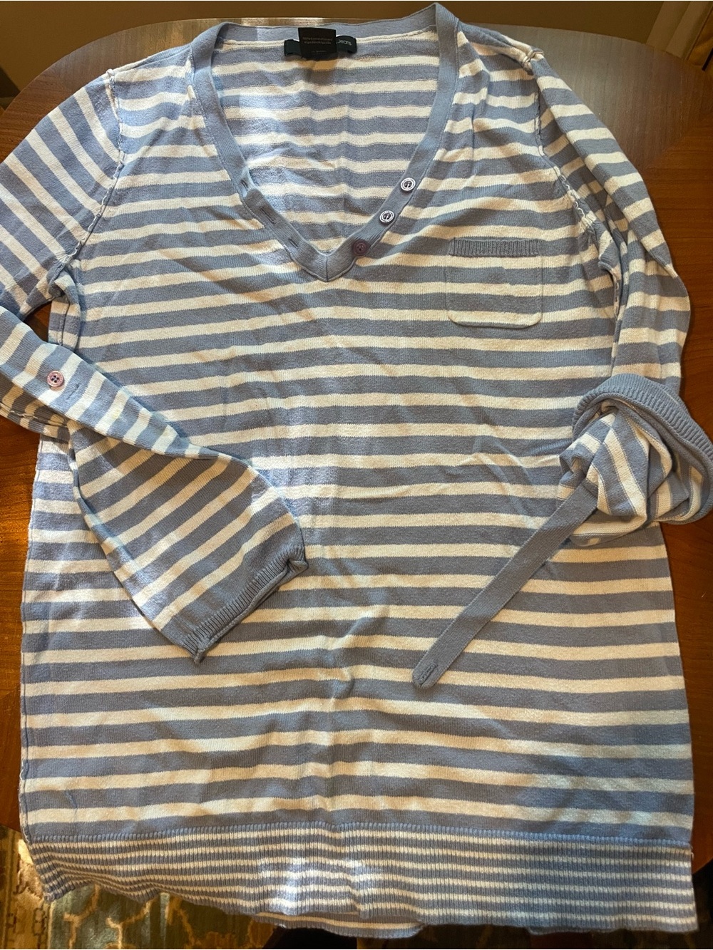 Beachy Soft Calvin Klein Light Blue and White Striped V-Neck Sweater